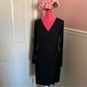LBD Long Sleeved Stretchy V-Neck Dress with Ruching at Waist, size M